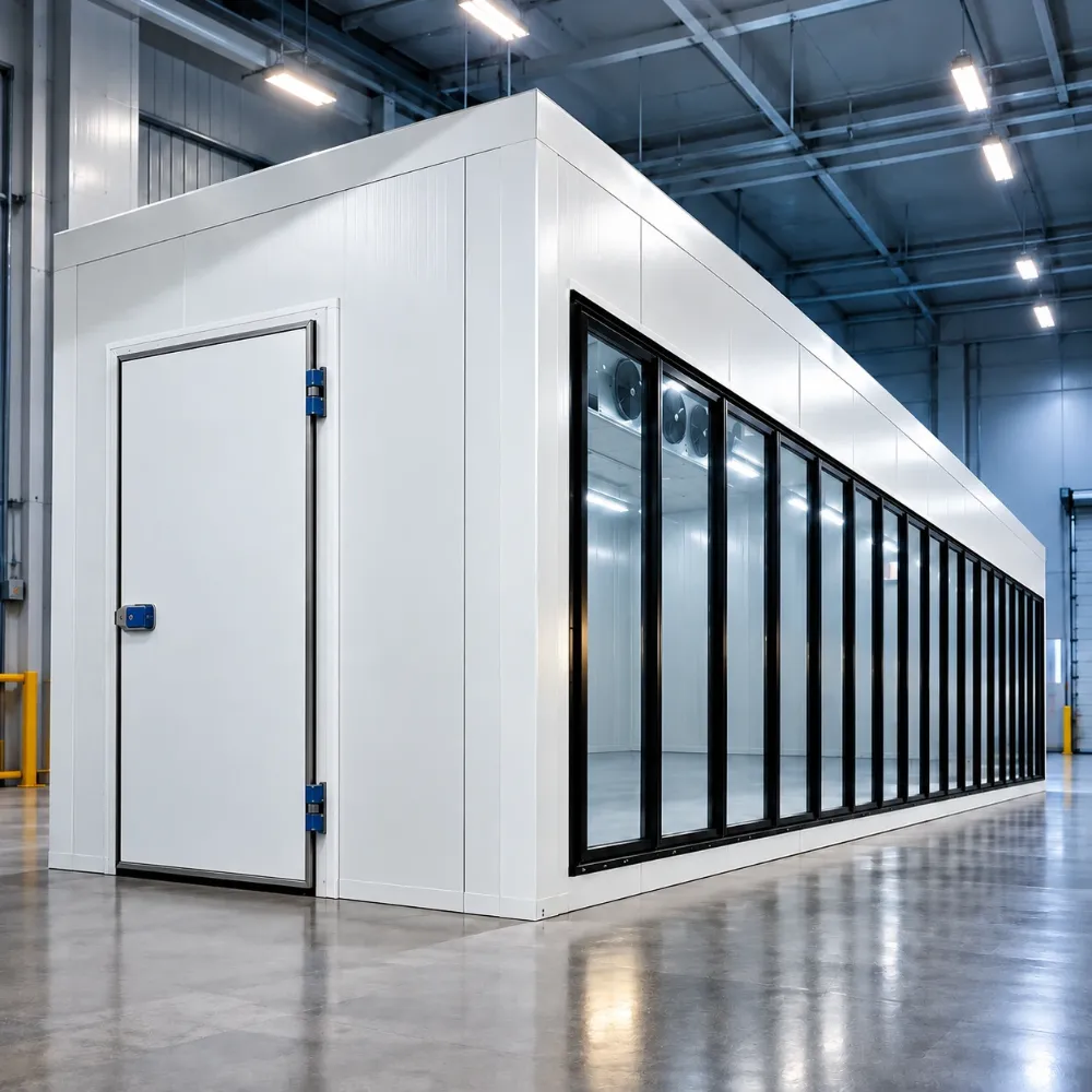 Commercial walk-in cooler with a long row of glass display doors and an insulated entry door in a warehouse