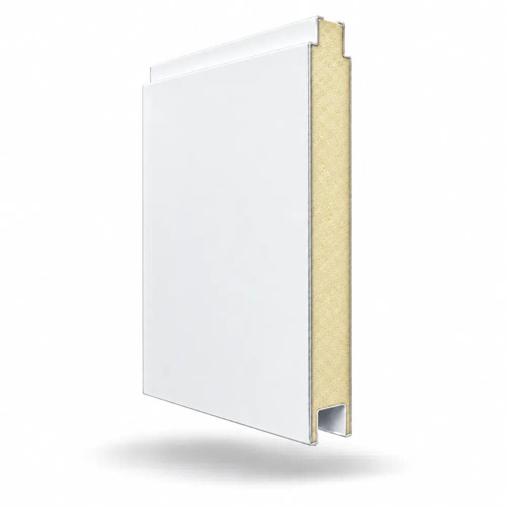 White refrigerated sandwich panel with a PIR insulation core and tongue-and-groove joint profile